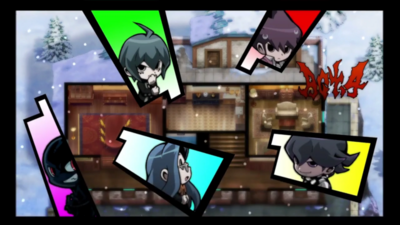 (5) Kaito on the roof, (6) Shuichi in the kitchen, (7) Tsumugi in the dining hall, and (8) the culprit outside the mansion.