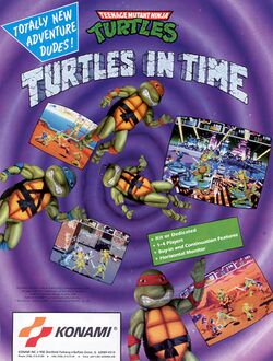 Box artwork for Teenage Mutant Ninja Turtles: Turtles in Time.