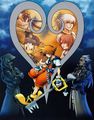 Promotional artwork showing the heroes and the villain of Kingdom Hearts