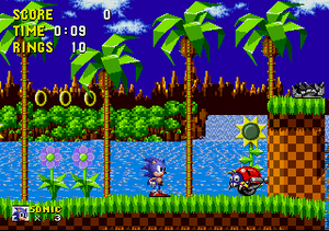 Classic green hill zone level and the icon loop sonic runs across/through.