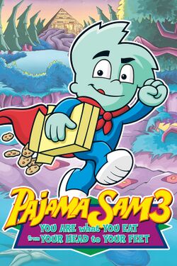 Box artwork for Pajama Sam 3: You Are What You Eat from Your Head to Your Feet.