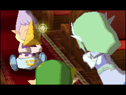 A screenshot of Inside the Passenger Car, where Link and Zelda watch as Anjean produces a Force Gem.