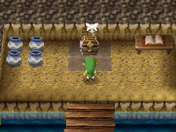A screenshot of Link standing at the back of the Storehouse. A Treasure Chest sits in front of him. To his right, there is a Book on a table.