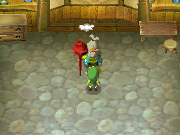 A screenshot of Link standing in front of Oshus inside Oshus's House.