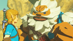 A screenshot of Daruk with a hand on Link's shoulder, talking to him while they stand atop Divine Beast Vah Rudania.
