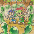 The Links surrounded by a horde of Blobs in the credits of Tri Force Heroes