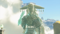 A screenshot of Rauru as a Spirit outside the Temple of Time. Text on-screen displays his name, along with the title "Source of the Right Arm".