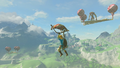 Sky Octoroks holding a plank bearing a Moblin and a Treasure Chest afloat from Breath of the Wild