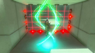 A screenshot of Link using Ascend in the arch near the end of Sahirow Shrine.