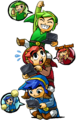 Promotional artwork of the Links formed in a Totem while playing on Nintendo 3DS systems from Tri Force Heroes