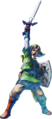 Link holding the Master Sword skyward