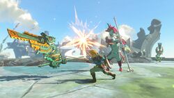 Link and Sigon fight a Soldier Construct III together at the Water Temple.