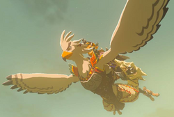 A screenshot of Teba flying with Link riding on his back.