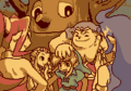 Link, Din, Nayru, Princess Zelda, Impa, and the Maku Tree rejoicing at the end of a Linked Game from Oracle of Seasons