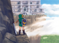 Link looking at the Tower of Hera from Art & Artifacts