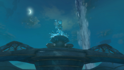 A screenshot of Mipha's Statue at Mipha's Court during the night.