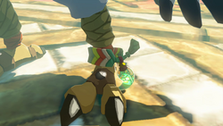 A close-up screenshot of Tulin's ankle, to which is Secret Stone is attached.