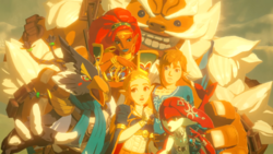 A screenshot of the Picture of the Champions, which depicts Urbosa and her fellow Champions being pulled into a group hug by Daruk.