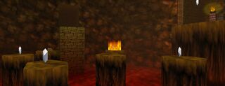 A screenshot of the Lava Room from the position of the Door to the underwater gem room. Several stone platforms populate the pit of Lava below.