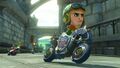 Mii dressed with Link's racing suit riding the Master Cycle from Mario Kart 8