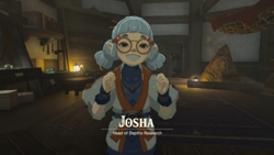 A screenshot of Josha in her lab at Lookout Landing. Text on-screen displays her name, along with the title "Head of Depths Research".