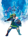 The blue version of the illustration depicting Link with Zelda, Impa, Groose, and Fi in the background