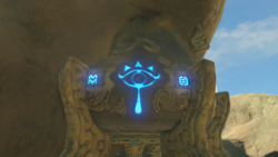 A screenshot of the Eye Symbol on the Great Plateau Tower beginning to glow blue.