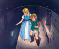 Artwork of Link leading Princess Zelda through the Sewer Passageway from the original version of A Link to the Past