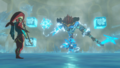 Promotional screenshot of Waterblight Ganon and Mipha from Hyrule Warriors: Age of Calamity