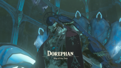 A screenshot of Dorephan in the Pristine Sanctum. He is visibly sickened by Sludge. Text on-screen displays his name, along with the title "King of the Zora".