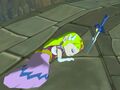 The Master Sword falls inches near Zelda's head after Ganondorf attacks Link