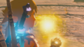 Link stands before a golden light with a mysterious rune on his hand