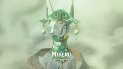 A screenshot of Mineru appearing before Link in another realm. Text on-screen displays her name, along with the title "The Sage of Spirit".