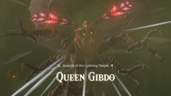 A screenshot of Queen Gibdo letting out a cry in the Lightning Temple. Text on-screen displays its name, along with the title "Scourge of the Lightning Temple".