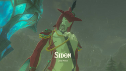 A screenshot of Sidon looking down as he stands on the edge of one of Inogo Bridge's pillars. It is Raining. Text on screen displays his name, along with the title "Zora Prince".