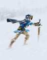 Link braving a snowstorm
