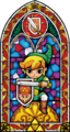 Stained glass artwork featuring the sword and shield