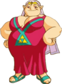 Oracles Impa Hair is not seen, wears a golden head band that has a pink habit coming from it. Red dress, teal patterning, with golden triforce. Wears teal colored sandals.
