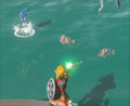 A promotional image from the 2022 Summer issue of the Nintendo Magazine featuring Link using a Shock Arrow to catch a few Fish
