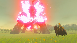 A screenshot of Link riding a Horse as he faces Dark Beast Ganon on Windvane Meadow.