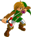 Artwork of Link using the Slingshot in the Oracle series