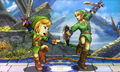 A Mii Swordfighter and Link using the same taunt in Super Smash Bros. for Nintendo 3DS
