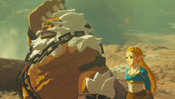 A screenshot of Daruk and Princess Zelda walking along the Mountain Road while speaking.