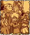 Link, Ralph, Impa and Nayru standing in front of a statue of Link