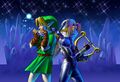 Artwork of Link with Sheik playing Music from Ocarina of Time