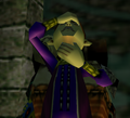 The Mask Salesman with a worried expression in Majora's Mask