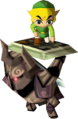 Link riding on Phantom Zelda's shield, as seen in-game from Spirit Tracks