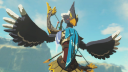 A screenshot of Revali standing on the edge of Revali's Landing.