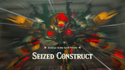 A screenshot of the Seized Construct crying out in the Spirit Temple. Text on-screen displays its name, along with the title "Scourge of the Spirit Temple".