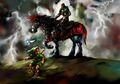 Artwork of Ganondorf on his steed from Ocarina of Time